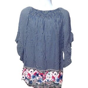 Gingham & Floral Blue Blouse Top Plus Size 1X Casual Flutter Sleeve